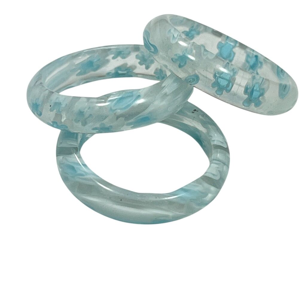Vintage Millefiori Murano Art Glass Ring Band Size 8 9 Flowers Light Aqua Blue